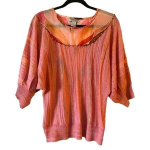 Alberto Makali Beaded Mixed Media Orange & Pink Watercolor Top Dolman Sleeves L
